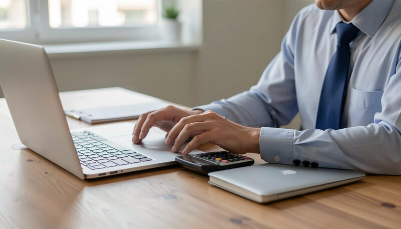 Une calculatrice posée sur des devis étalés sur un bureau