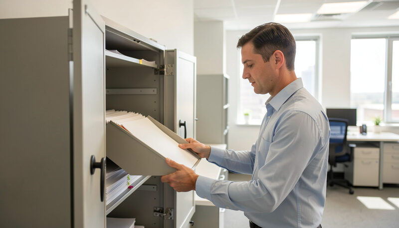 Un classeur d’archives fermé par une serrure dans un bureau