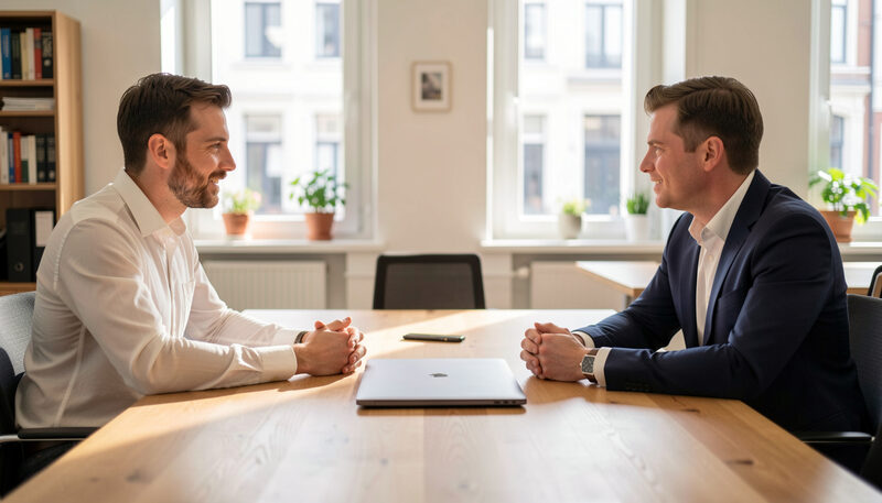 Deux responsables qui discutent de part et d’autre d’une table en bois, ordinateur fermé