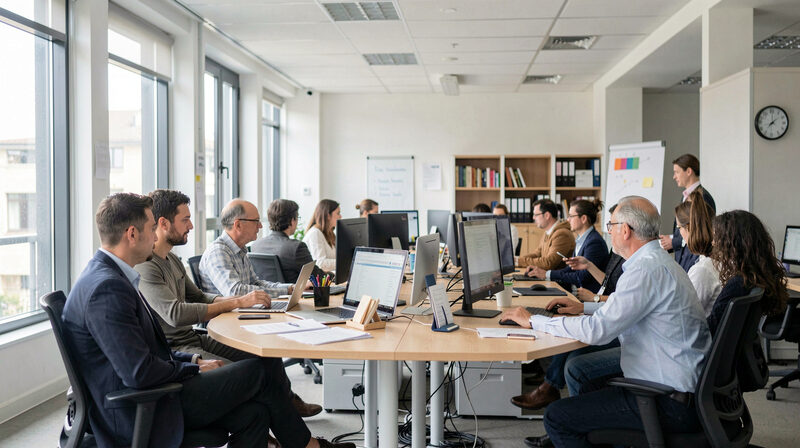 Deux responsables qui discutent autour d’un ordinateur portable fermé dans un bureau bruxellois lumineux