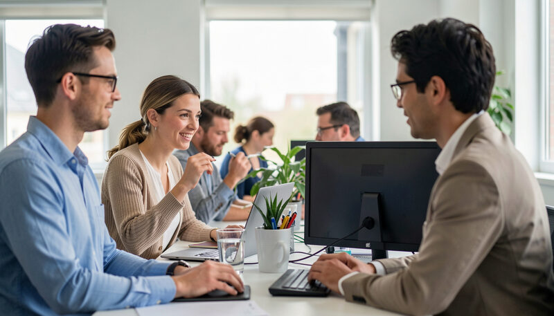 Des mains qui classent des dossiers d’achat empilés sur un bureau